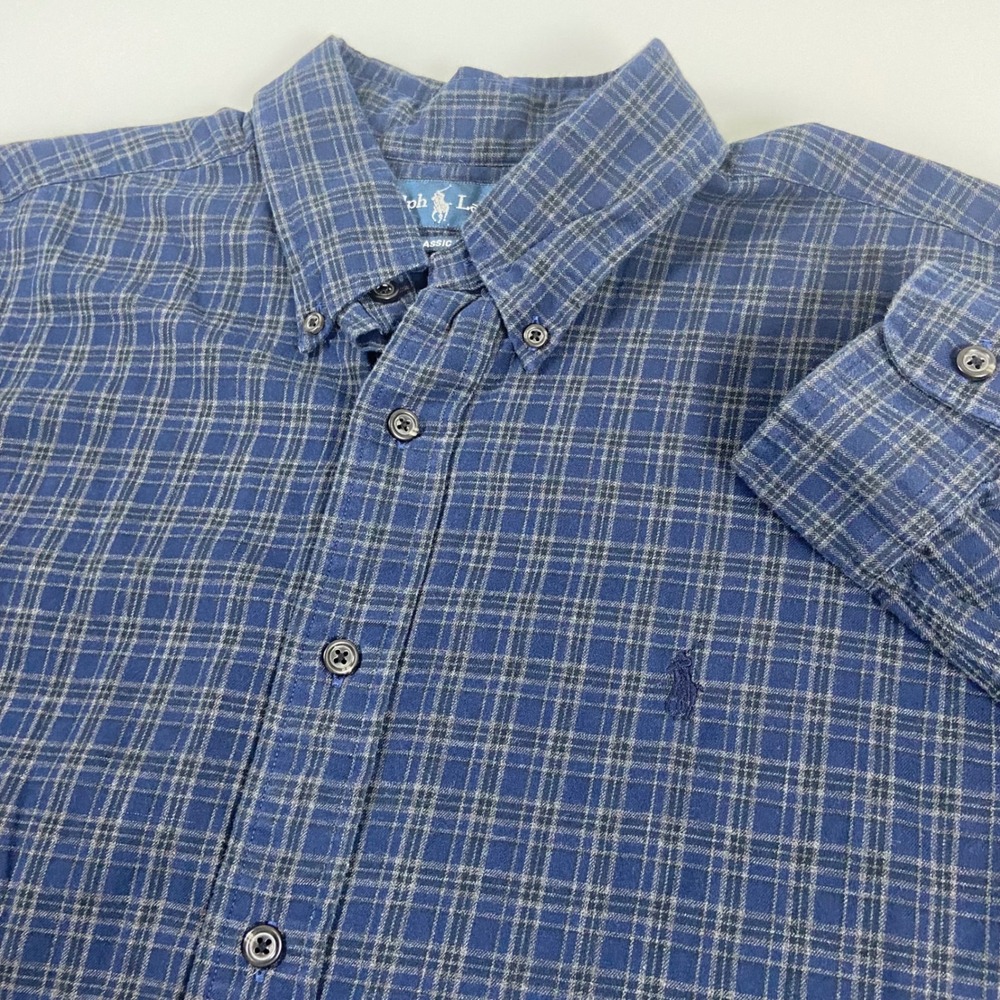Ralph Lauren Mens XL Navy Plaid Flannel Classic Fit‎ Cotton Button Down Shirt